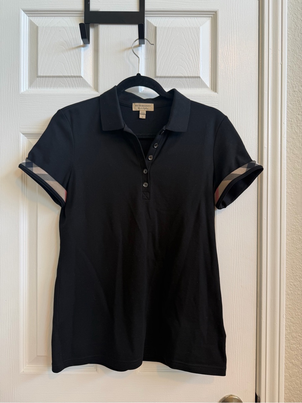 Burberry Black Short-Sleeve Polo with Signature Check Cuffs